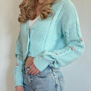 Wild Fable Cyan Knit Cardigan with Flower Details